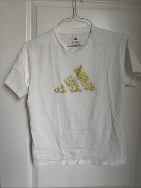 adidas White Short Sleeve Tee with Yellow Gold Logo